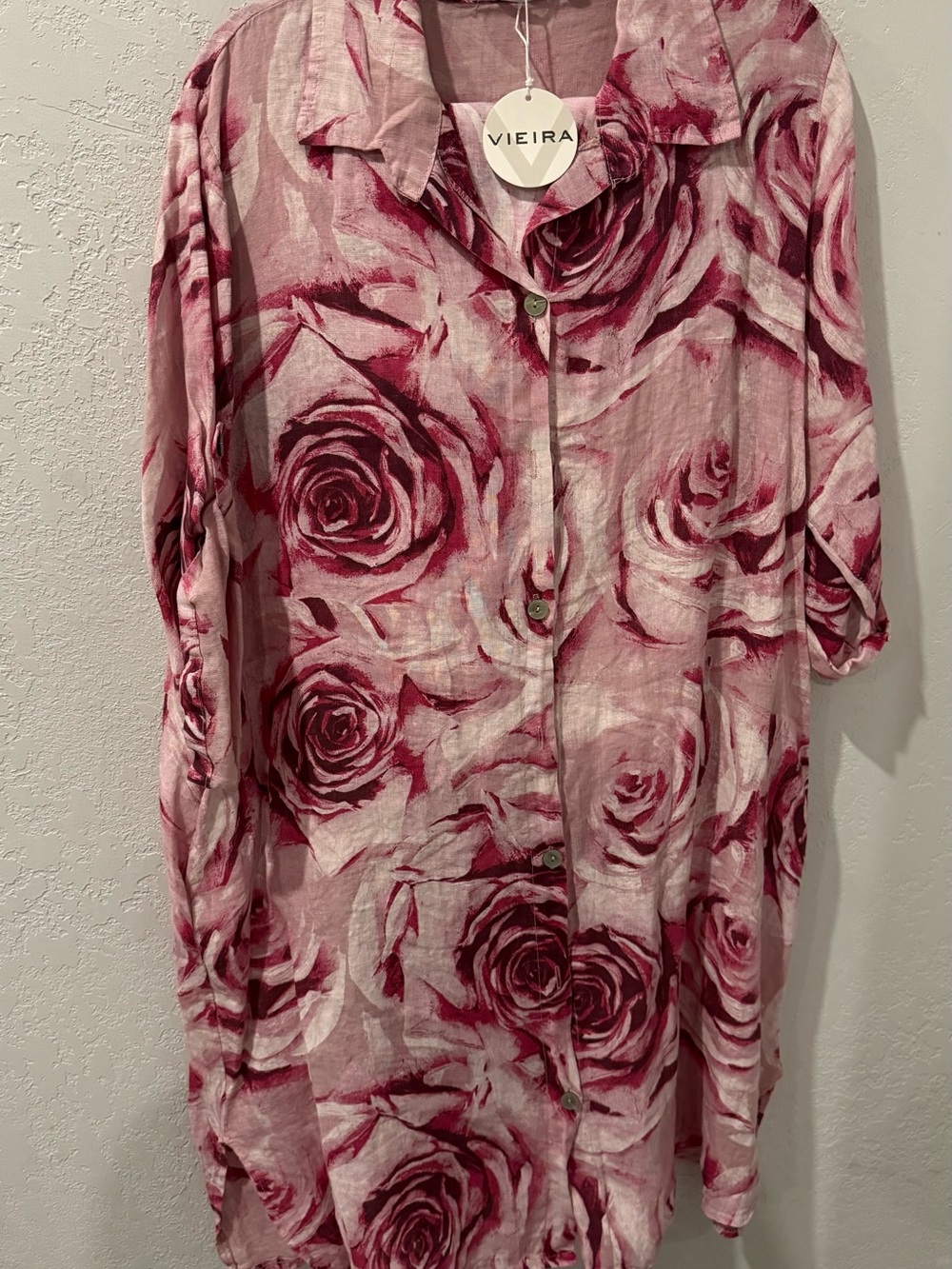 Vieira Pink Rose Print Button-Front Womens linen set